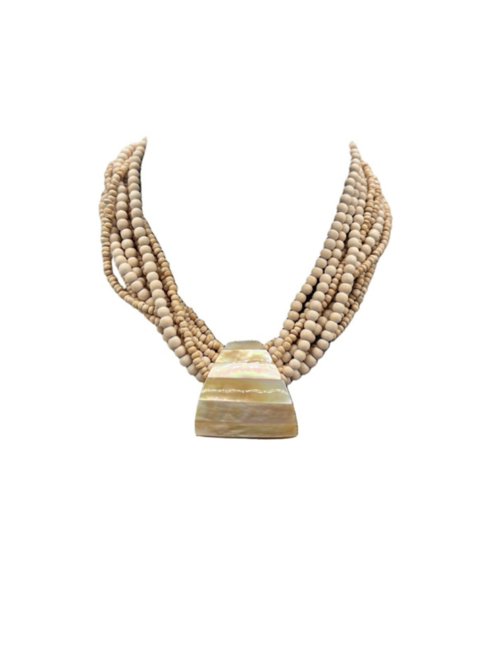 Multi-Strand Natural Wooden Beaded Necklace Trapezoidal Mother Of Pearl Pendant